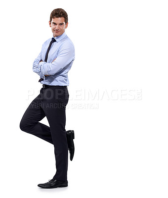 Buy stock photo Business, portrait and man with arms crossed on mockup in studio for hiring news on white background. Recruitment, offer or face of male recruiter with space for announcement, deal or job opportunity