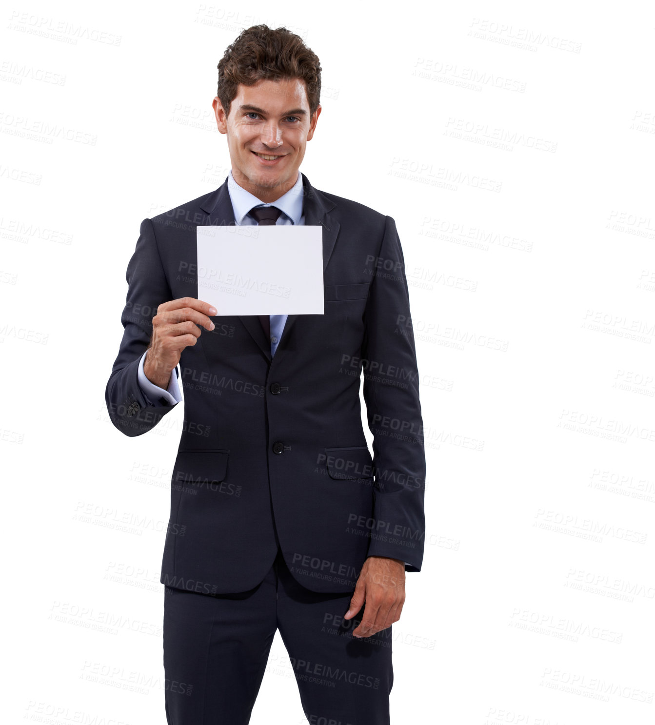 Buy stock photo Business man, poster mockup and presentation for advertising opportunity, news or information in studio. Portrait of professional or corporate person with career paper or space on a white background
