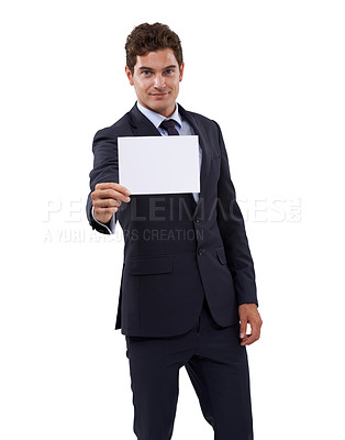 Buy stock photo Business man, poster space and presentation for advertising opportunity, news or information in studio. Portrait of a boss or corporate person with career paper or mockup on a white background