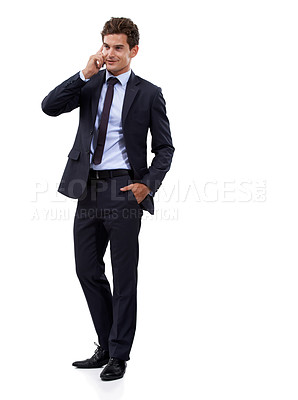 Buy stock photo Phone call, employee and man with business, conversation and agent isolated on a white studio background. Person, model or consultant with a smartphone, connection and communication with mockup space