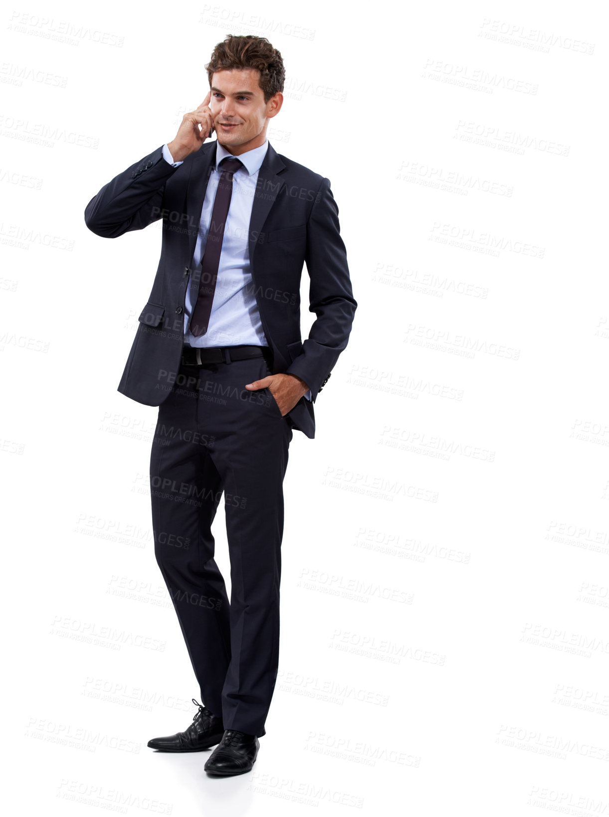 Buy stock photo Phone call, employee and man with business, conversation and agent isolated on a white studio background. Person, model or consultant with a smartphone, connection and communication with mockup space