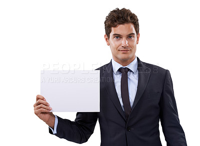 Buy stock photo Business man, poster space and happy presentation with advertising for job opportunity, news or information in studio. Portrait of boss or professional person with paper mockup on a white background