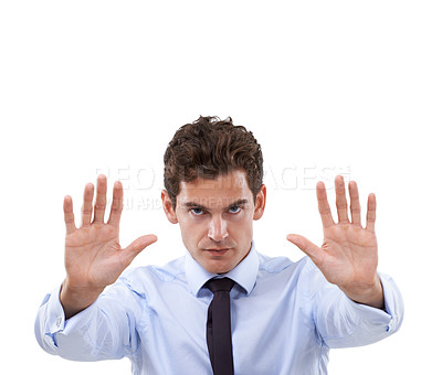 Buy stock photo Businessman, hand and stop in studio portrait with forbidden warning, rejection and negative in mockup. Face, palm and protest emoji or defence sign, deny and wait or frustrated by white background