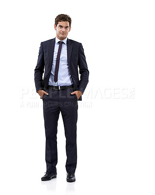 Buy stock photo Confident, businessman and portrait with hands in pocket and corporate professional for career pride in studio mockup. Person, face and management for mission and attorney boss by white background