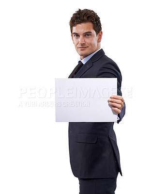 Buy stock photo Portrait, mockup placard and business man with promotion news, advertising space or corporate info. Commercial poster, studio and professional sales consultant with empty signage on white background