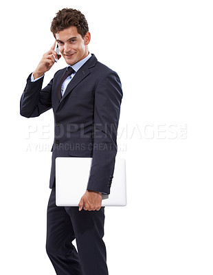 Buy stock photo Phone call, businessman and laptop in portrait in studio, corporate job and talking on technology in mockup. Smartphone, face and computer for entrepreneur, digital and connection by white background
