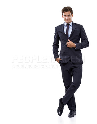 Buy stock photo Businessman, fashion and portrait with suit in mockup with pride and confidence in white background or studio. Entrepreneur, manager and assertive boss adjusting jacket button with mock up space
