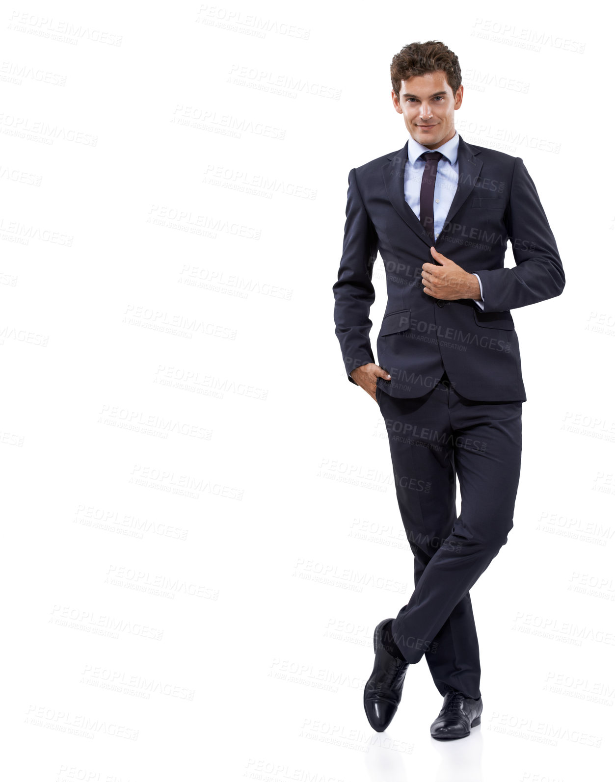 Buy stock photo Businessman, fashion and portrait with suit in mockup with pride and confidence in white background or studio. Entrepreneur, manager and assertive boss adjusting jacket button with mock up space