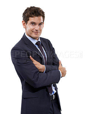 Buy stock photo Businessman, arms crossed and portrait in studio as corporate professional and law career in pride. Person, face and smile for management, formal suit and about us for accountant by white background