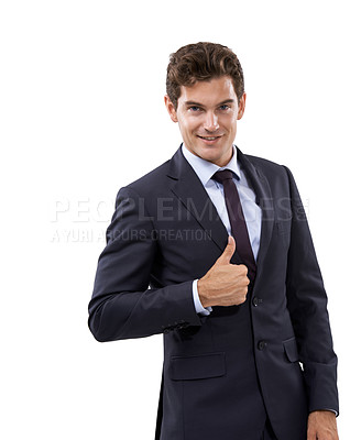 Buy stock photo Corporate man, thumbs up and success in studio for achievement, support and like emoji or yes hands. Portrait of Business person or winner with good job, vote or job agreement on a white background
