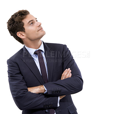 Buy stock photo Idea, thinking or business with man, arms crossed or employee isolated on white studio background. Person, model or agent with planning, choice or opportunity with promotion, decision or mockup space