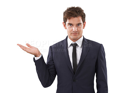 Buy stock photo Entrepreneur, hand and portrait with choice in mockup, space and white background in studio. Confident, businessman and gesture to show option with information, advice or presentation with mock up