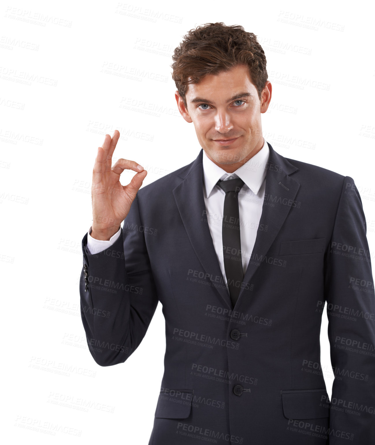 Buy stock photo Perfect, hands or portrait of business man in studio with thank you gesture on white background. Ok, emoji or male entrepreneur face with success, feedback or review approval for service excellence