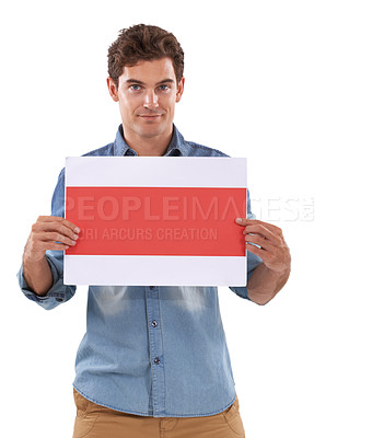 Buy stock photo Paper, poster and portrait of man in studio advertising space, news or presentation on white background. Banner, mockup and face of male model with checklist, schedule or platform, deal and offer
