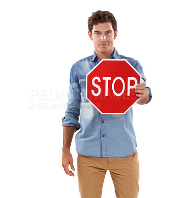 Buy stock photo Portrait, man and traffic stop sign in studio isolated on a white background mockup space. Person show red octagon symbol, forbidden warning signal and caution, attention and security in protection