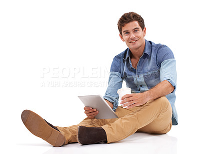 Buy stock photo Tablet, mockup and portrait of happy man on studio floor with social media, chat or scroll on white background. Space, face or male student with digital, app or search, streaming or upskill training