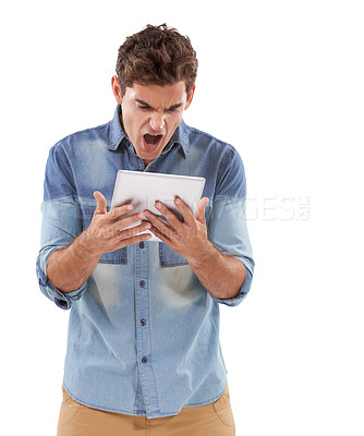 Buy stock photo Tablet, news and shocked man shouting in studio for hacker notification, scam or cyber security fail on white background. Digital, problem and model frustrated by 404, mistake or email spam crisis