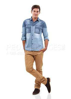 Buy stock photo A handsome young man standing against a white background