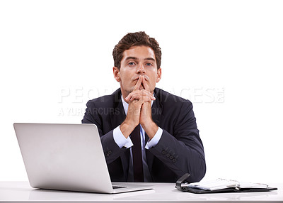 Buy stock photo Laptop, book and portrait of thinking businessman in studio for solution, brainstorming or idea on white background. Why, questions or face of designer online for problem solving research or planning
