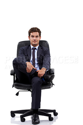 Buy stock photo Businessman, portrait and manager sitting in a chair with white background or mock up space in studio. Serious, entrepreneur and waiting on seat with professional style, fashion or suit for work