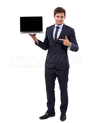 Buy stock photo Business man, laptop screen and pointing to presentation for investment offer or registration in studio portrait. Professional investor on computer mockup and online information on a white background