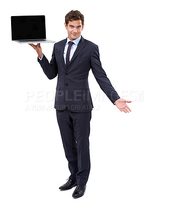 Buy stock photo Business man, laptop screen and portrait in studio for presentation, career software and website information. Professional worker with computer mockup for online registration on a white background