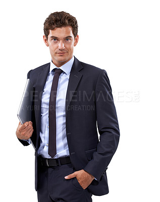 Buy stock photo Business, portrait and man in studio with laptop for research, planning or freelance email marketing on white background. Tech, face or entrepreneur holding computer for online advertising project