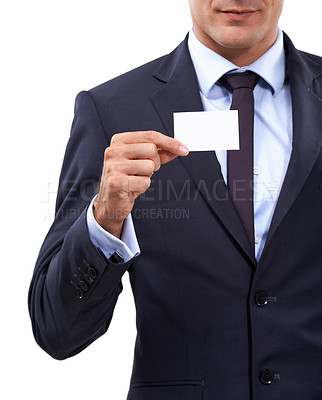 Buy stock photo Business card, mockup and hands with design space, contact information or career advertising in studio. Professional entrepreneur or person with presentation or job opportunity on a white background