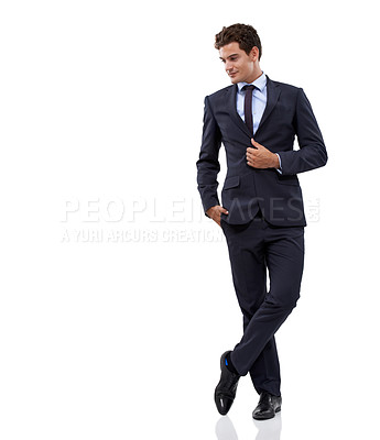 Buy stock photo Studio, fashion and business man confident in formal suit, stylish outfit or fashionable apparel with agency service ads. Corporate style, mockup space or professional sales agent on white background