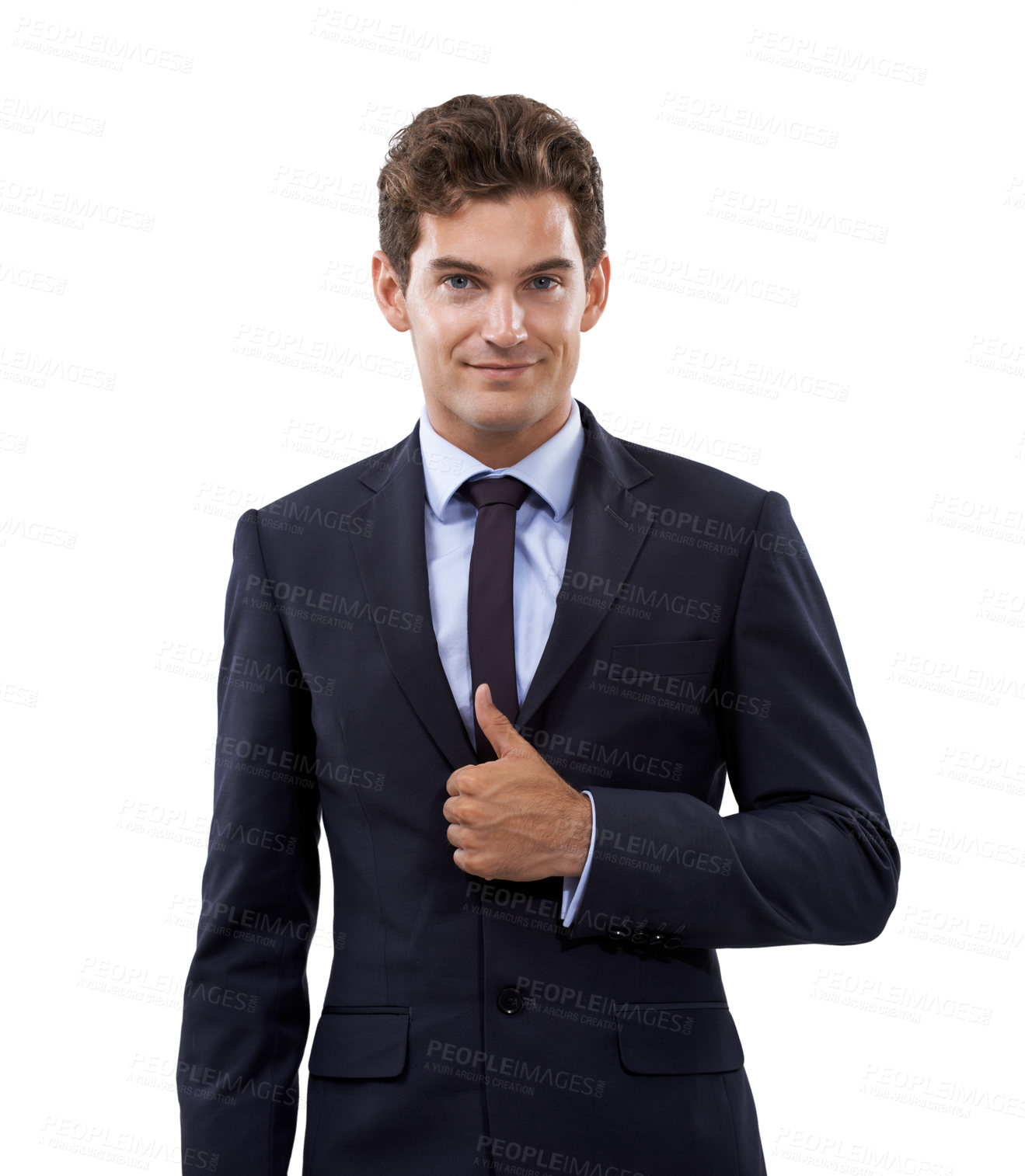 Buy stock photo Professional man, thumbs up and success in studio for achievement, support and like emoji or yes hands. Portrait of business person or winner with good job, vote or agreement on a white background
