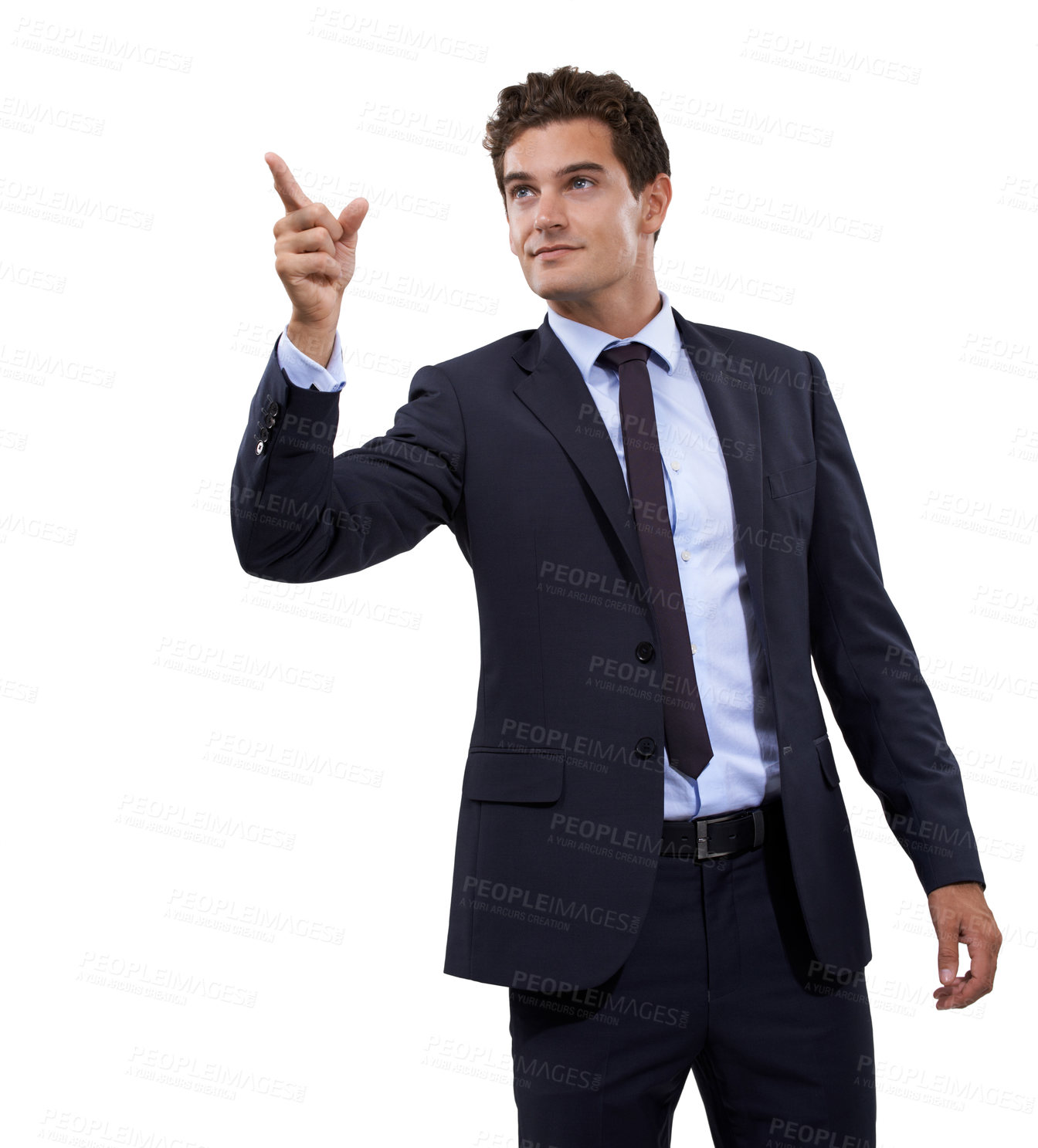 Buy stock photo Studio, direction and professional man point at business service, corporate info or realtor sales promo. Commercial, offer and real estate agent gesture at discount opportunity on white background