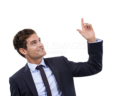 Buy stock photo Studio, smile and corporate man pointing up at professional service, business information or company sales promotion. Direction, message or happy agent gesture at ads presentation on white background