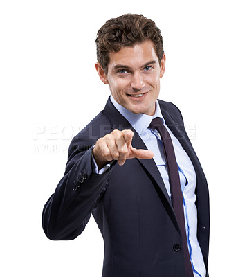 Buy stock photo Business man, portrait and hand pointing you to show winner, opportunity or success choice on a white background. Corporate person with a finger to vote for winning, competition or decision in studio