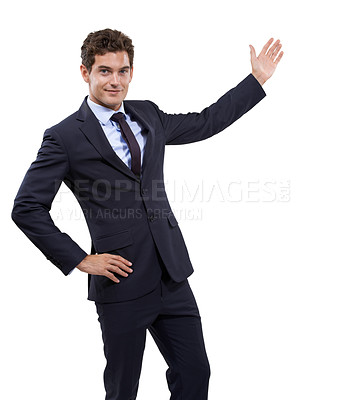 Buy stock photo Studio, portrait and corporate man gesture at professional service, news promo or offer opportunity for discount deal. Choice, info and salesman teaching, presentation or show ads on white background