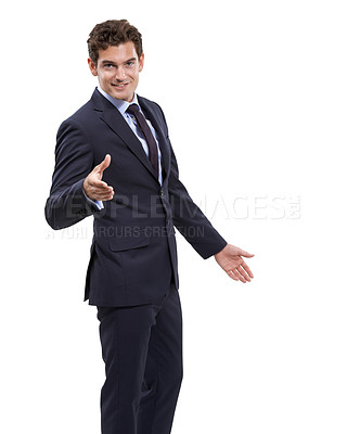 Buy stock photo Corporate, portrait and happy man with handshake gesture for studio deal, b2b services or acquisition agreement. Job promotion, employee welcome and HR shaking hands for hiring on white background