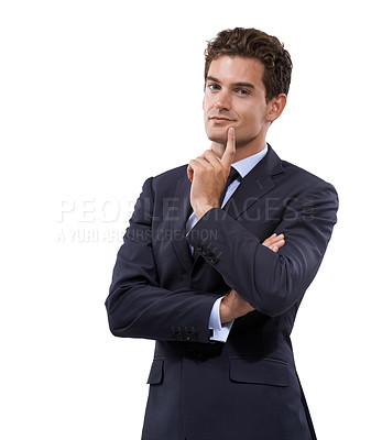 Buy stock photo Businessman, portrait and solution in studio with idea, start up and strategy in decision as corporate professional. Person, face and entrepreneur in accounting career and pride by white background