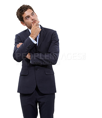 Buy stock photo Business man, thinking and planning for solution, ideas and sales strategy with emoji and mockup in studio. Corporate employee for problem solving, vision and decision or choice on a white background
