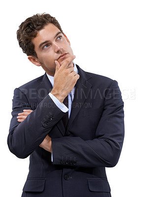 Buy stock photo Business man, thinking and brainstorming for solution, ideas and sales strategy with emoji or face in studio. Corporate employee for problem solving, vision and investment goals on a white background