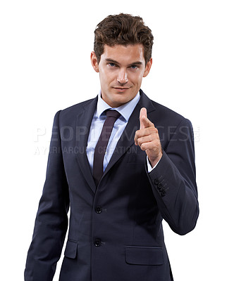 Buy stock photo Businessman, portrait and studio for choice for pointing and job opportunity for promotion in mockup. Man, face and finger emoji in decision for hiring selection, career and vote by white background
