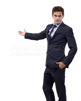 Buy stock photo Studio portrait, advertising or professional man gesture at service news, notification space or commercial offer. Company sales launch, discount deal or businessman recommendation on white background