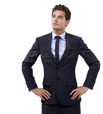 Buy stock photo Businessman, confident and hands on hips for thinking in studio mockup, start up idea and corporate professional. Person, thought and entrepreneur for career direction or attorney by white background
