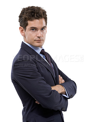 Buy stock photo Arms crossed, businessman and portrait for pride in studio mockup, with start up and professional worker. Person, face or confident as entrepreneur in corporate career or attorney by white background