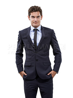 Buy stock photo Confident, businessman and portrait for positive in studio mockup, with start up and professional worker. Person, face and hands in pocket in corporate career, formal and attorney by white background