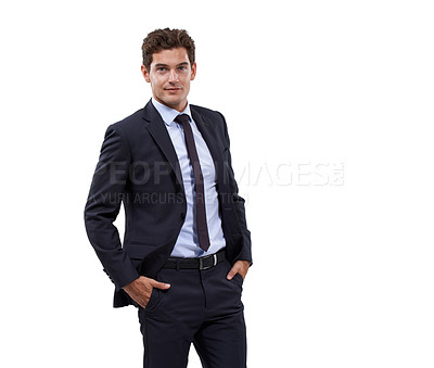 Buy stock photo Businessman, portrait and professional suit in studio or formal executive, relaxed corporate manager or confident boss with hands in pocket. Man, employee or entrepreneur on white background