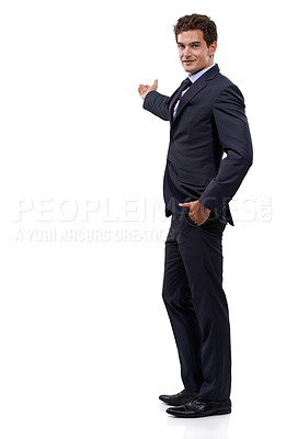 Buy stock photo Studio portrait, mockup and business man show promotion news, advertising space or gesture at corporate information. Commercial presentation, announcement and professional person on white background