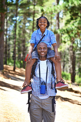 Buy stock photo Man, child and portrait on shoulders in nature for hiking forest path, weekend explore or vacation journey. Black person, daughter and carrying for holiday love together, woods travel or sunshine