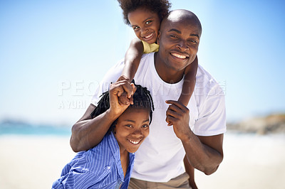 Buy stock photo Portrait, piggyback and a black family on the beach in summer together for travel, freedom or vacation. Love, smile or happy with a father, son and daughter on the coast for holiday or getaway