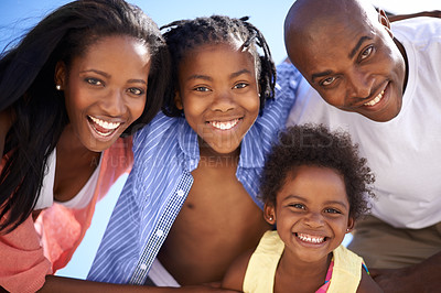 Buy stock photo African family, parents or children and portrait at beach for adventure, holiday or vacation in summer. Black people, face or smile outdoor in nature for break, experience or bonding and relationship