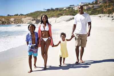 Buy stock photo Black family, parents or children and holding hands at beach for adventure, holiday or vacation in summer. African people, face and smile outdoor in nature for experience or bonding and relationship