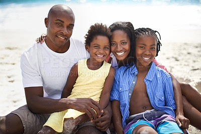 Buy stock photo Black family, parents or children and portrait at beach for adventure, holiday or vacation in summer. African people, face or smile outdoor in nature for break, experience or bonding and relationship